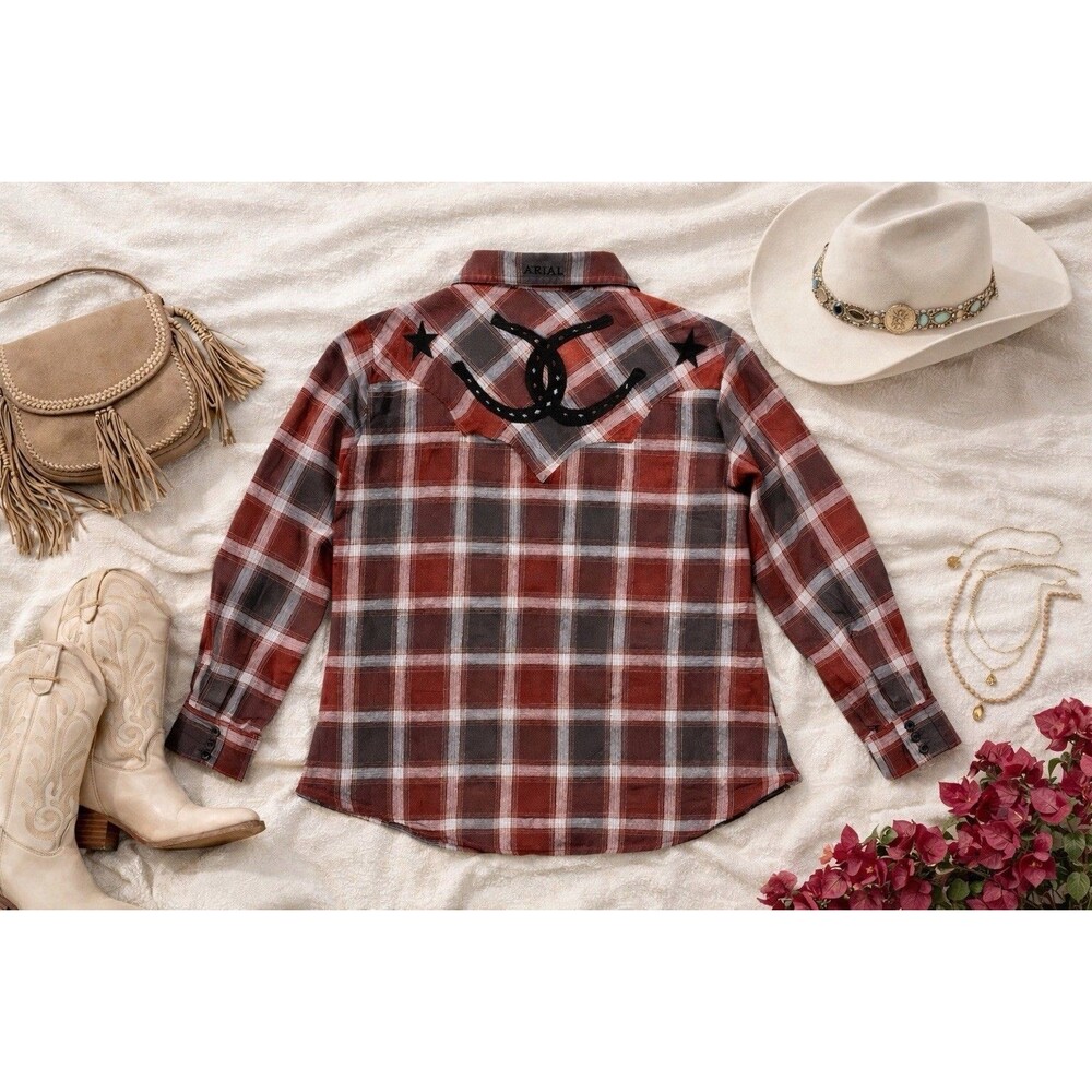 Ariat XL Western Plaid Pearl Snap Shirt Horseshoe Star Embroidered Yoke Cowgirl